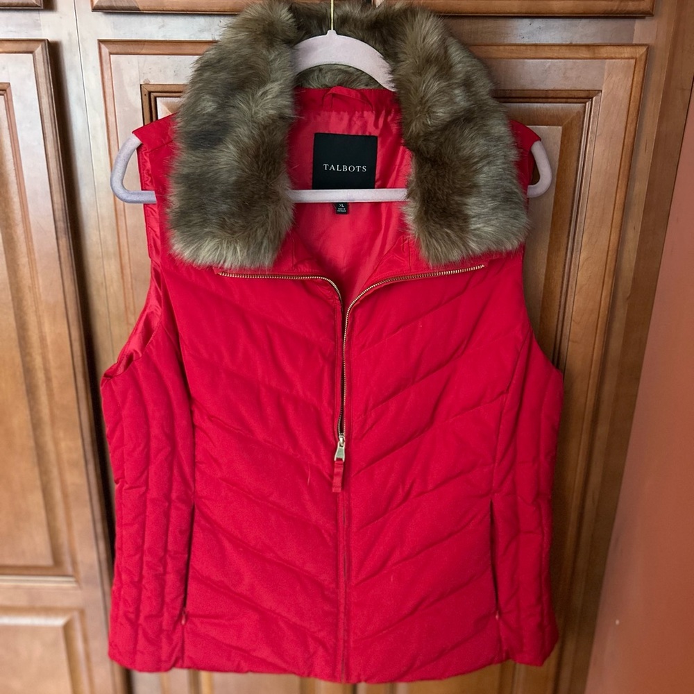 Talbots Vibrant Red Vest with Plush Faux Fur Collar